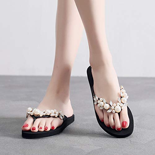 Summer Sandals Simayixx Women Sexy Rhinestone Shoes Pearl Slip-On Slippers Beach Boho Flip Flops Swimming Pool Yoga Shoe Black