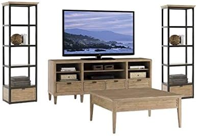 4 Piece Living Room Set with TV Stand, (Set of 2) Media Towers, and Coffee Table in Distressed Cambria