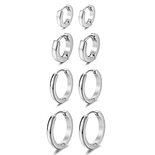 JewelrieShop Men Jewelry Set Huggie Hinged Hoop Dangle Earrings, Stainless Steel, Hypoallergenic, Urban Hoop Earrings