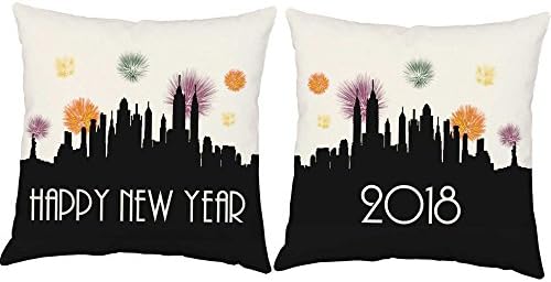 Set of 2 RoomCraft New Years Fireworks Throw Pillow Covers 20x20 Square White Indoor-Outdoor Winter Holiday Shams