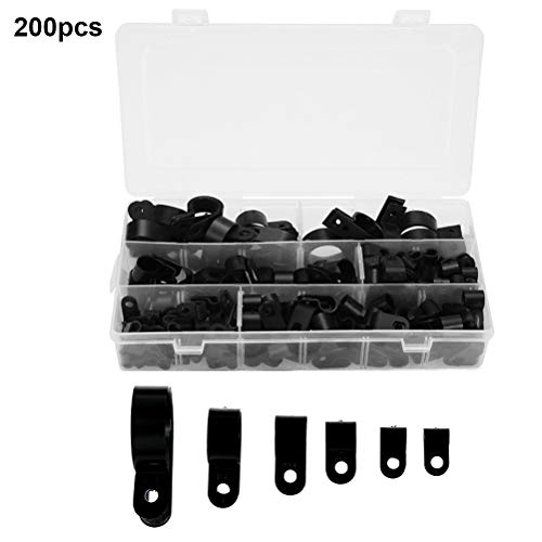 QLOINI Cable Clamp 200 Pcs Black Nylon Screws Plastic R-Type Cable Clamps 3/16" 1/4" 3/8" 1/2" 3/4" 1" Clips Fasteners Assortment for Cable Conduit