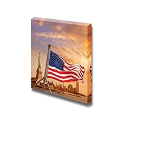 Canvas Prints Wall Art - Statue of Liberty in New York Manhattan with American Flag | Modern Wall Decor/Home Decoration Stretched Gallery Canvas Wrap Giclee Print & Ready to Hang - 12" x 12"