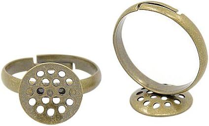 PandaHall 10pcs DIY Antique Bronze Adjustable Brass Sieve Ring Bases, Size: Ring: 17mm inner diameter Tray: 12mm in diameter