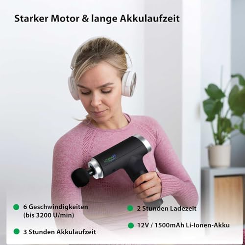 Muskel-Massagegerät kompakt LX-013 - Massagepistole, Tiefen Massage, Vibrationsmassagepistole, Verschiedene Geschwindigkeiten, 5 Massageköpfe, Fitnessstudio