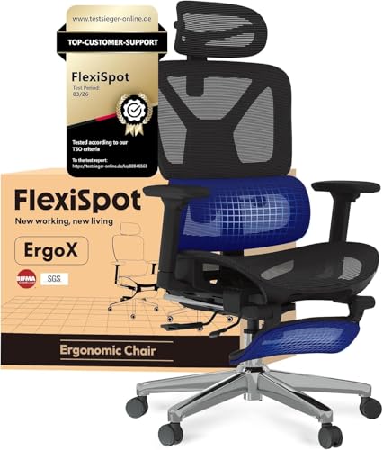 FLEXISPOT ErgoX Ergonomic Office Chair with Footrest for Home Office, Desk Chair with 3D Armrests, 3D Headrest, 5D Adjustable Backrest, Breathable Seat, Maximum Load 136 kg,Mesh Office Chair,Black