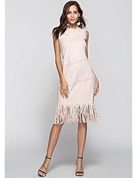 ANNA & CHRIS Vestido a media pierna para mujer O-cuello adelgazante sin mangas Borla Vestidos de cóctel