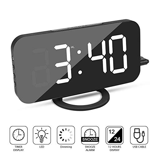 MJDUO Alarm Clock,Digital Clock with Dual USB Charging Ports,6.5" Large LED Display,Adjustable Brightness, Big Snooze, Mirror Surface for Bedroom Living Room Decor(White)