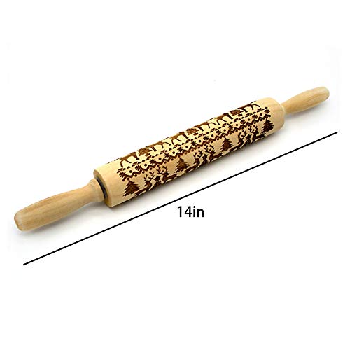 Christmas Wooden Rolling Pins,Engraved Embossing Rolling Pin with Christmas Deer Pattern for Baking Embossed Cookies,Rolling Pin Kitchen Tool 14 inch (2 pack)