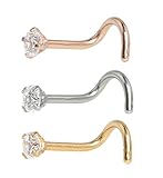 SkullParty 3 Pcs Stainless Steel Nose Rings Studs 18 Gauge Screw Shaped Curved Nose Piercing 3mm Diamond CZ Nose Stud Screw for Women Girl Piercing - Gold / Rose Gold / Steel