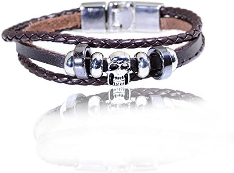 UU Jewel Mens Brown Rope Leather Bracelet with Skull Style Alloy Charm Beads 8.3 inches