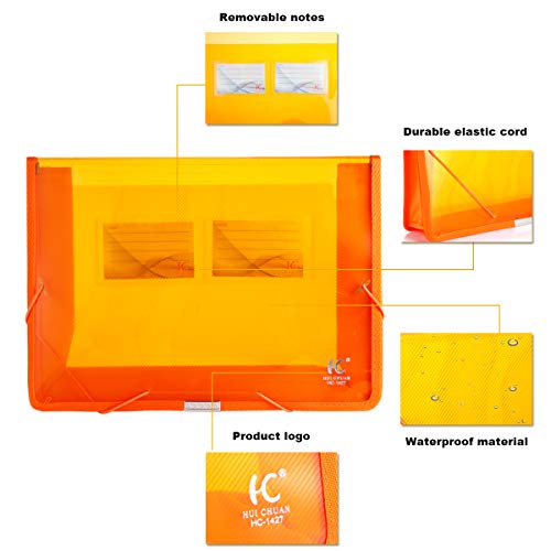 HC Eco-Friendly Plastic File Folders Clear Premium Poly Envelope Folder with Elastic Tape and Card Slot, Durable & Waterproof Great for Office, Home, School Organization - Orange