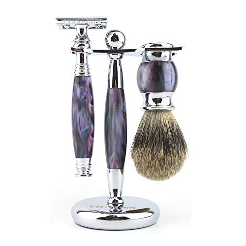VICYUNS Luxury Grooming Shaving Set for Men Including Double-sided Razor, Allergy Shaving Soap, Stainless Steel Mirror Bowl, Hair Shaving Brush,10 Replacement Blades (Purple)
