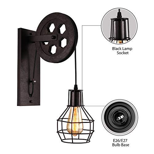 BAYCHEER 1 Light Wall Sconce Keyed Socket Pulley LED Industrial Wall Sconces Retro Wall Lights Fixture for Indoor Lighting Barn Restaurant in Rust Finished - Thumbnail 3