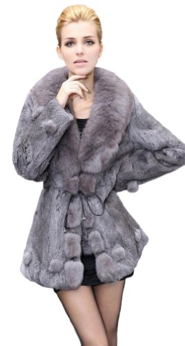 Queenshiny Long Women's 100% Real Rex Rabbit Fur Coat Jacket With Super Fox Collar-Gray-M(8-10)