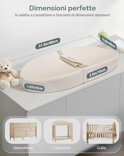 COMOMY Vegan Leather Changing Mat, 80 x 40 cm, Waterproof and Washable, with Safety Belt and Non-Slip Design, Soft Lightweight Changing Pad (Beige)