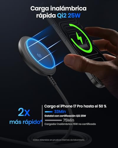 Gatatol 25W Cargador Inalámbrico Magnético Qi2,1,5M Base de Carga Rápida Compatible con iPhone Air/17/16/15/14/13/12, AirPods 4/3/2/Pro,Galaxy S26-S20, Serie Pixel 10 y Más (Incluye Adaptador de 30W)