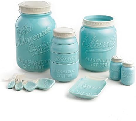 Mason Jar Ceramic Kitchenware Complete Set: Measuring Cups and Spoons, Cookie Jar, Utensil Crock, Spoon Rest, Salt and Pepper Shaker by Mason Jar