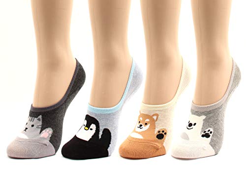 WOWFOOT Women Animal Design No-Show Casual Liner Socks Character Print Non Slip Flat Boat Line 4 Pair (4pairs-hey friends)