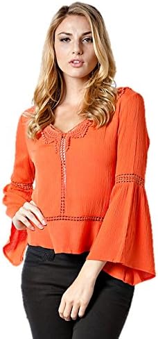 Tunic with Crochet Trim - Bell Sleeves V-neckline Semi-sheer Fluid Crinkle Rayon