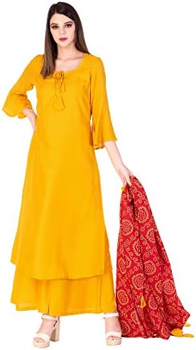 Ortange ReadyMade Women's Rayon Kurta, Palazzo With Printed Dupatta set