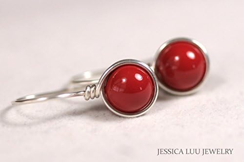 Sterling Silver Red Coral Earrings Nacre Pearl Wire Wrapped Earrings