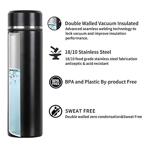 17oz Stainless Steel Vacuum Insulated Flask with Tea Leaf Strainer Filter Double Wall Coffee cup Travel Tumbler(Glossy Black)
