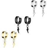 Unisex Punk Hip Hop Stainless Steel Silver Black Gold Tone Lock Leaf Thunder Lightning Bolt Dangle Huggie Hoop Earrings Gift for Women Men Boy Teens