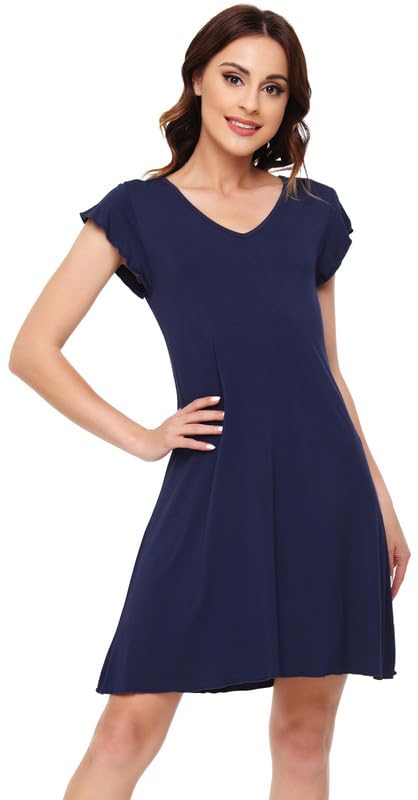 BambooBud Soft Nightgowns for Women Short Sleeves Nightgown Loose Viscose from Bamboo Nightshirts Sleepwear Pjs S-XXL, Navy, Medium at Amazon