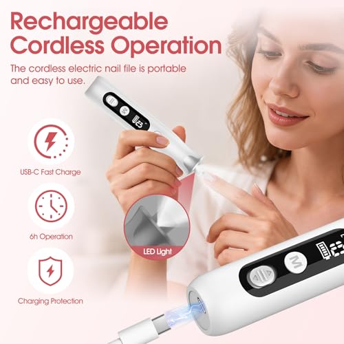 Electric Nail Drill,Professional Manicure Pedicure, Portable Cordless Rechargeable Nails File Machine for Gel/Acrylic/Natural/Thick Toe Nails with 10 Adjustable Speed 15000RPM 10 Bits 60 Sanding Bands