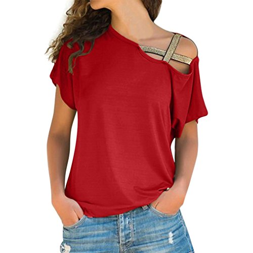Elogoog Women Accessories Clearance! Women Summer Short Sleeve Solid Color Strappy Cold Shoulder T-Shirt Tops Blouses (Wine Red, L)