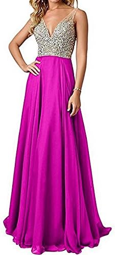 QSYE Women's Beaded Prom Dreeses Long V-Neck Chiffon Evening Gowns 2018 Fuchsia,4