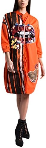 Women Sexy Graphic Sequin Long Sleeve Button Down Shirt Dress Casual Boyfrined Long Blouse Top Orange XL