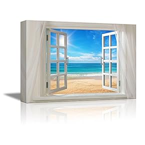 Canvas Prints Wall Art - Glimpse into Clear Sea and Beach Out of Open Window | Modern Wall Decor/Home Decoration Stretched Gallery Canvas Wrap Giclee Print & Ready to Hang - 24" x 36"