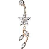 Pierced Owl 14GA 316L Stainless Steel CZ Crystal Flower with Dangling Marquise Vine Belly Button Ring
