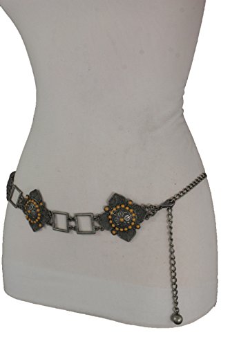 TFJ Women Ethnic Belt Hip Waist Vintage Antique Silver Metal Flower Charms S M L
