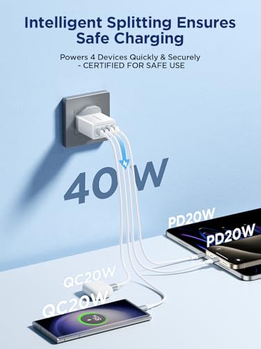 Aioneus USB C Charger PD 40W 4Port iPhone Fast Charger Adapter Multiple Type C Charging Plug USB Wall Charger for iPhone 16 15 14 13, iPad Pro/Air, Galaxy S24 S23 S22, MacBook Pro/Air, Laptop Dell HP