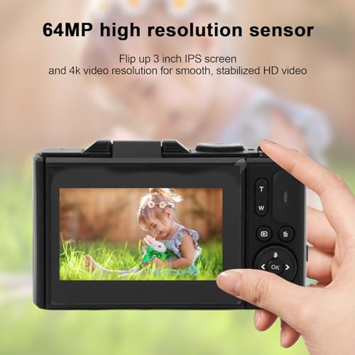 4K Digital Camera, 64MP FHD Point and Shoot Camera with 3" Screen, 18X Zoom, Autofocus Portable Compact Camera for Kids and Teens (Black)