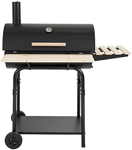 Outdoor Charcoal BBQ Grill With Casters Patio Deck Backyard Yard Décor Barbecue Pit Cooking Meat Smoker Heavy Duty Cast Iron Metal Grates Mobile Cart Mounted 2 Wooden Shelves