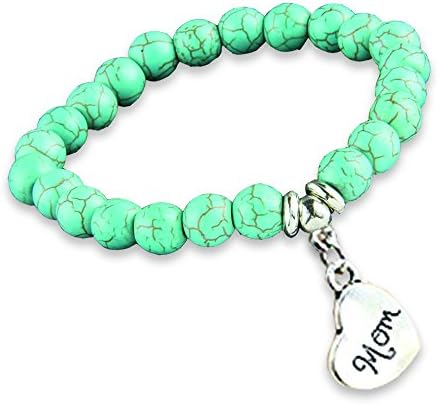 Bella Jewelry Turquoise Vintage Stretchy Beads Bracelet with Heart Love Charm Mom Vintage 8mm