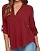Face N Face Women's Summer V Neck Solid Loose Casual Cuffed Long Sleeve Blouses Medium Wine Red