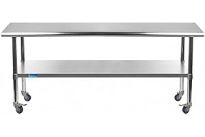 AmGood 14" x 60" Stainless Steel Work Table with Casters | Heavy Duty Metal Utility Table On Wheels | Kitchen Island Cart