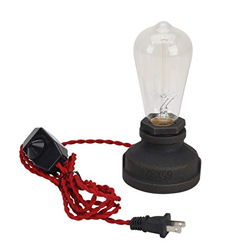 Kiven Steampunk Table Lamp UL Red Weave Rope Dimmer Switch Cord Vintage Style Desk Light E26 Iron Base Modern Antique Table Light Bulbs Not Included