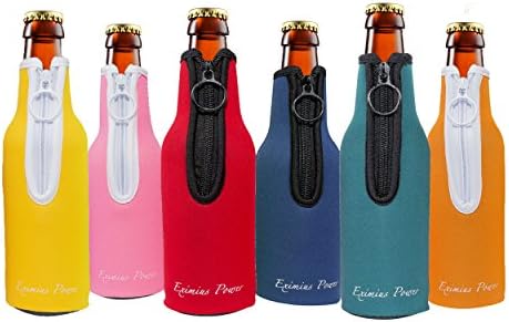 Bottle Party Drink Coolies with Extra Thick 4mm Neoprene insulator thermal cooler - Premium pack of 6 Assorted Color Sleeves with Zipper Collapsible (Red,Pink,Blue,Green,Orange,Yellow)