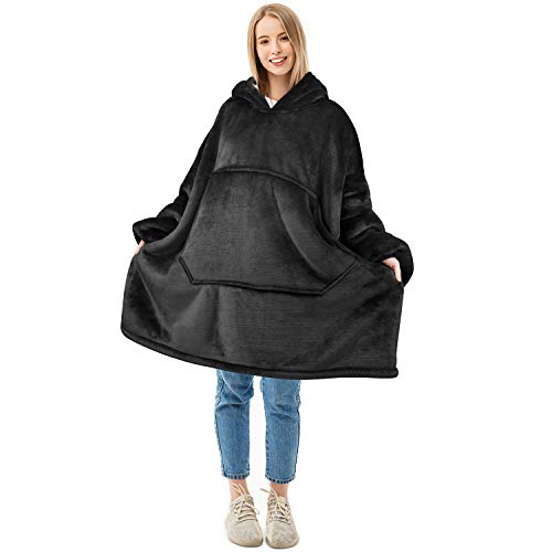 Oversized Blanket Sweatshirt, Super Soft Warm Cozy Wearable Sherpa Hoodie or Adults & Children, Reversible, Hood & Large Pocket, One Size, Black
