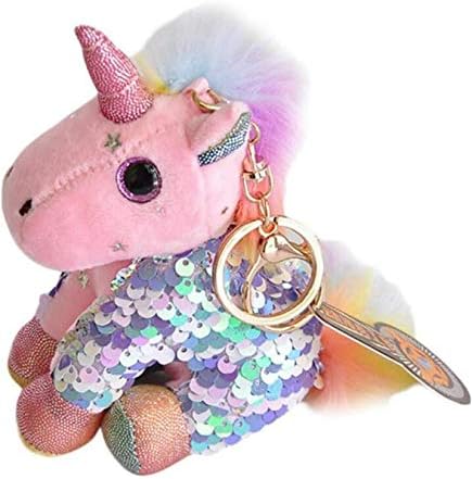 MADHAVMADHAV Unicorn Rainbow Themed Plush Soft Fur Tail Key Chain with Sequence for Kids (Random Colour)