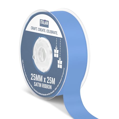 Italian Options Satin Ribbon, Fabric Ribbons for Gift Wrapping, Crafting, Balloons, Wedding Car, Presents, Cake, Christmas, Birthday, Gift Wrap Accessories, 25mm Wide x 25 Metre Roll, Smoke Blue