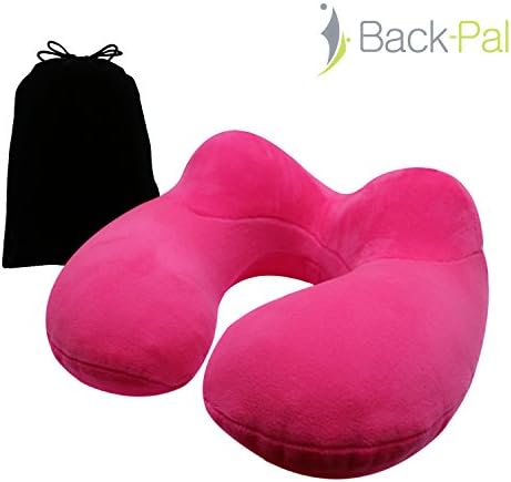 Back-Pal Soft Velvet Inflatable Travel Neck Pillow with Storage Pouch, Raspberry Pink