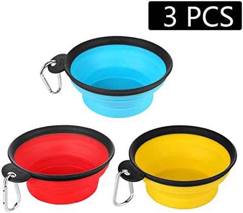Large Portable Travel Dog Bowl, Aigou 6 Inch Diameter for Medium to Large Dogs, Lightweight Collapsible Pet Dog Cat Bowl Travel Bowl Water Feeder Bowl with Carabiner (3 Pack, Blue & Red & Yellow)