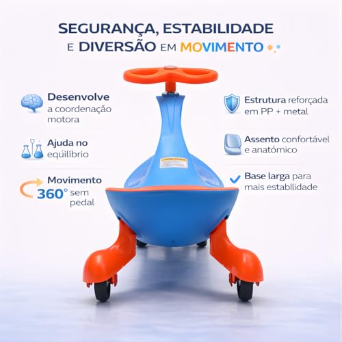 Carrinho Gira Gira Infantil Twist Rolimã, Movimento por Balanço do Volante, Suporta até 70 kg (Azul/Laranja)