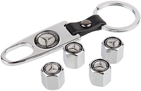 XSFQSM Silver Tire Valve Stem Air Caps Cover and Keychain Combo Set for Mercedes Benz